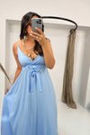 Bebe Mavi Yazlık Askılı Fırfırlı Uzun Elbise