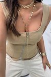 Bej Fermuarlı Askılı Korse Büstiyer