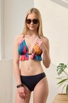 Lacivert Çok Renkli Desenli Fırfırlı Üçgen Bikini Takımı