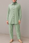 Su Yeşili Boydan Düğmeli Pantolon Gömlek Keten İkili Takım