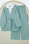 Su Yeşili Önden Bağlamalı Pantolonlu Kimono İkili Takım