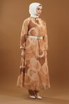 Orange Patterned Belted Modest Dress