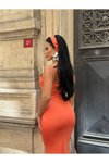 Turuncu Uzun Askılı Balık Bandana Detay Astarlı Abiye Elbise