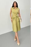 Yağ Yeşili Midi Yazlık Ofis Düğüm Detaylı Elbise