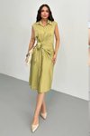 Yağ Yeşili Midi Yazlık Ofis Düğüm Detaylı Elbise