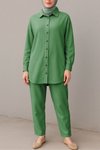 Yeşil Boydan Düğmeli Pantolon Gömlek Keten İkili Takım