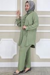 Yeşil Çigili Fırfırlı Gömlek Pantolon İkili Takım