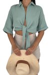 Yeşil Crop %100 Pamuk Müslin Kumaş Bağlama Detaylı Yazlık Gömlek