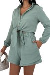 Yeşil İkili Önden Bağlama Detaylı Şort Gömlek %100 Pamuk Müslin Takım