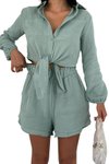 Yeşil İkili Önden Bağlama Detaylı Şort Gömlek %100 Pamuk Müslin Takım