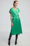 Yeşil Midi V Yaka Kuşaklı Elbise