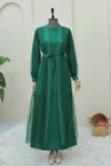 Yeşil Önü Taş Ve İnci Detaylı Beli Bağcıklı İkili Abaya