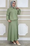 Yeşil Taş Detaylı Gömlek Etek İkili Takım