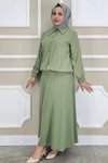 Yeşil Taş Detaylı Gömlek Etek İkili Takım