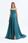 Yeşil Uzun Straplez Yırtmaçlı Saten Abiye Elbise