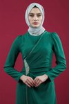 Yeşil Yan Şerit Taş Detaylı Tesettür Abiye Elbise