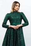 Zümrüt Yeşili Payetli Prenses Model Tesettür Abiye Elbise