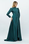 Zümrüt Yeşili Taş Detaylı Saten Tesettür Abiye Elbise