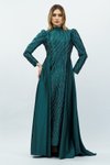 Zümrüt Yeşili Taş Detaylı Saten Tesettür Abiye Elbise
