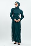 Zümrüt Yeşili Taş Detaylı Tesettür Abiye Elbise