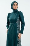Zümrüt Yeşili Taş Detaylı Tesettür Abiye Elbise