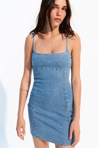 Açık Mavi Mini Askılı Kısa Denim Elbise