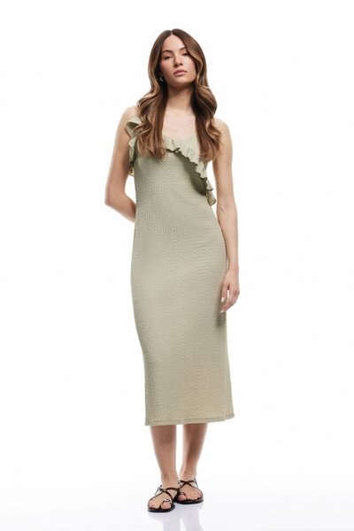 فستان قلم مزخرف بفتحات وخامة مبطنة بلون أخضر فاتح