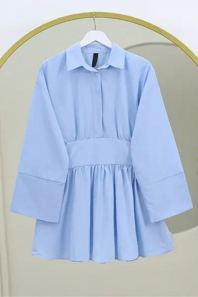 Bebe Mavi Yarım Düğmeli Beli Bağlamalı Yanı Fermuarlı Tunik