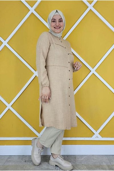 Beige Allover Stitch Detail Linen Shirt