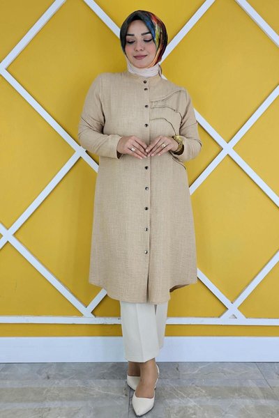 Bej Aller Kesim Dik Yaka Taş Detaylı Gömlek