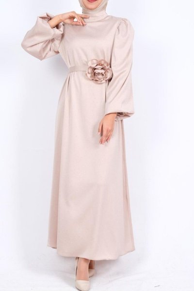 Bej Balon Kol Kemerli Taşlı Saten Tesettür Abiye Elbise