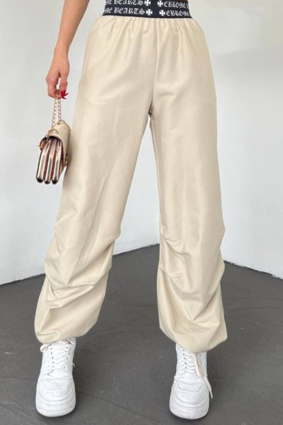 Bej Beli Bantlı Paçası Lastikli Pantolon