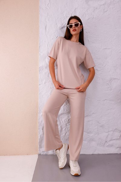 Beige Crew Neck and Stretch High Waist Two-Piece Jersey Set