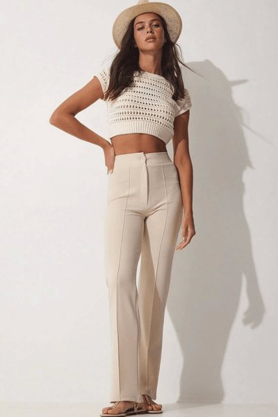 Bej İthal Krep Kumaş Palazzo Pantolon