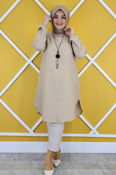 Bej Kolları Nervür Detaylı Tunik