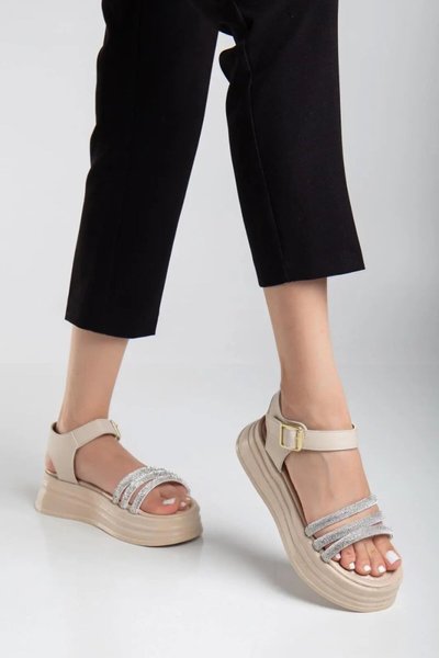 Bej Lalen Cilt Kemerli Sandalet