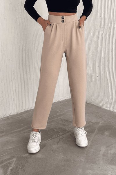 Bej Örme Krep Çift Düğmeli Pantolon