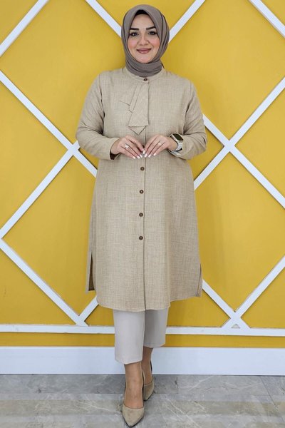 Bej Volan Hakim Yaka Detaylı Gömlek