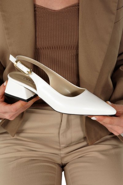 White Leather Nazli Pointed Toe Open Back 3cm Thick Heeled Low Heel