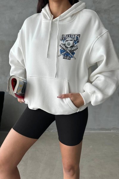 Beyaz İplik Şardonlu Oversize Compact Kafa Baskılı Sweat