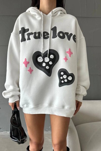 Beyaz İplik Şardonlu Oversize Compact True Baskılı Sweat