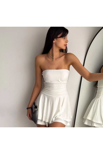 White Mini Strapless Sandy Fabric Shorts Princess Skirt Flared Dress