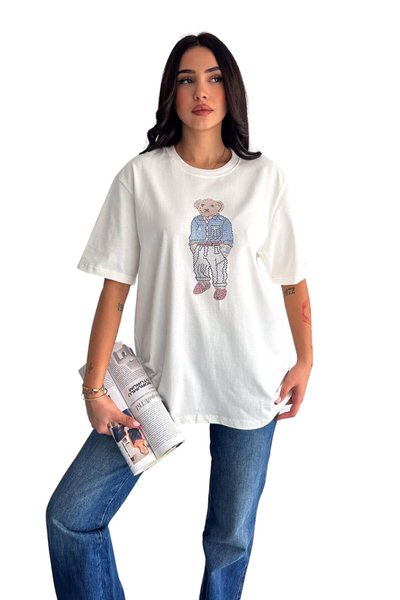 Beyaz Teddy Bear Özel Taş İşlemeli Tasarım Oversize Rahat Kesim T-Shirt