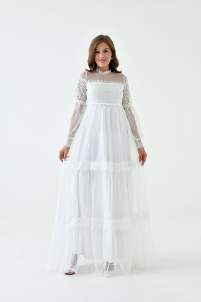 White Long Lace and Tulle Evening Dress with Button Detail at the Nape