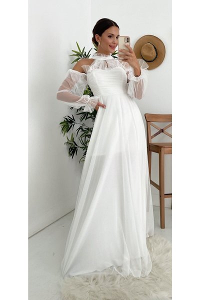 White Long Tulle Evening Dress