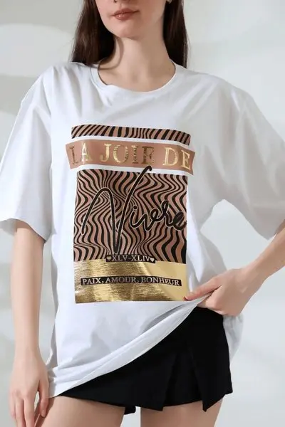 Beyaz Varak Çizgili Oversize Tişört