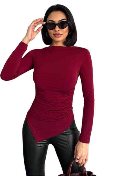 Bordo Asimetrik Drape Detaylı Uzun Kollu Sandy Kumaş Bluz