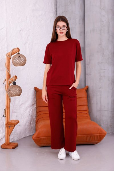 Bordo Bisiklet Yaka Ve Likralı Yüsel Bel İkili Penye Alt-üst Takım