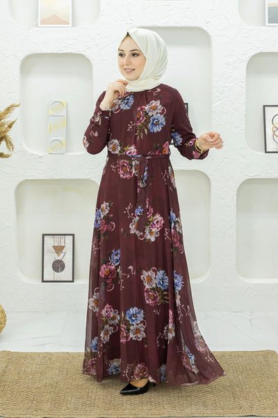 Bordo Çiçek Desenli Tesettür Elbise