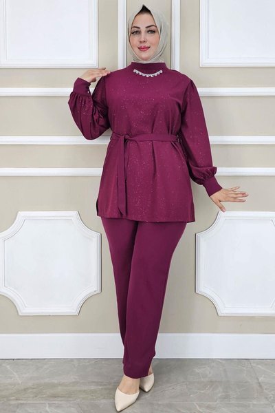 Bordo Dantel Detaylı İkili Takım